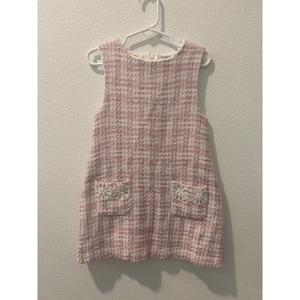 Florence‎ Fancy Girls Pink White Tweed Lace Pocket Shift Dress Size 6Y
